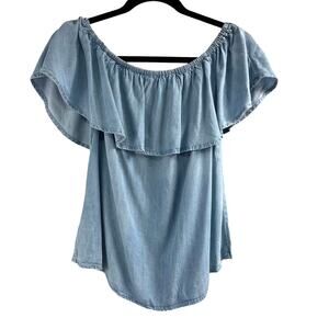Allison Joy Evereve Chambray Flounce Top Size S Stretch Ruffle Romantic Casual